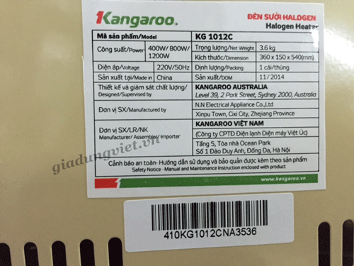 Quạt sưởi Kangaroo KG 1012C chứng nhận xuất xứ sản phẩm